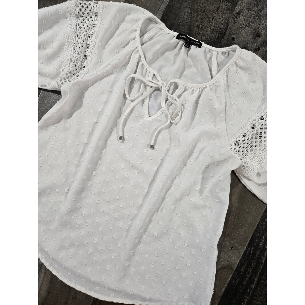 Adrienne Vittadini White Swiss Dot Crochet Lace Keyhole Tie Peasant Blouse Small - Picture 1 of 9